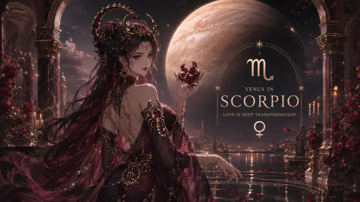 Biểu tượng Sao Kim minh họa Venus Bọ Cạp tìm kiếm chiều sâu, tin cậy và sự thân mật trong tình yêu