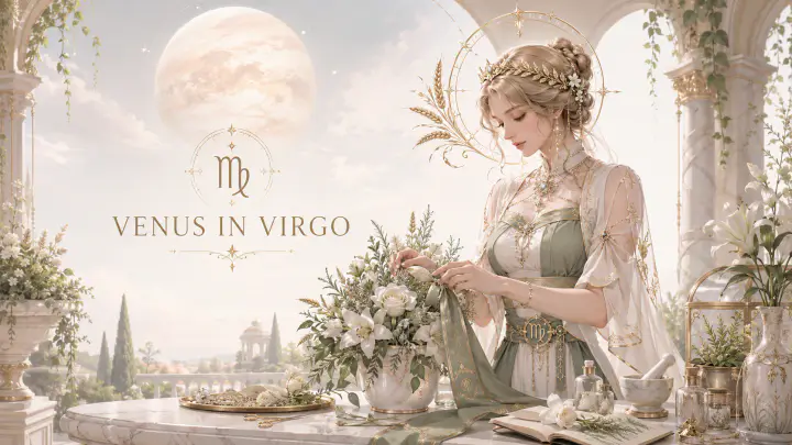 Biểu tượng Sao Kim minh họa Venus Xử Nữ thể hiện tình yêu qua sự chăm chút, thực tế và tinh ý
