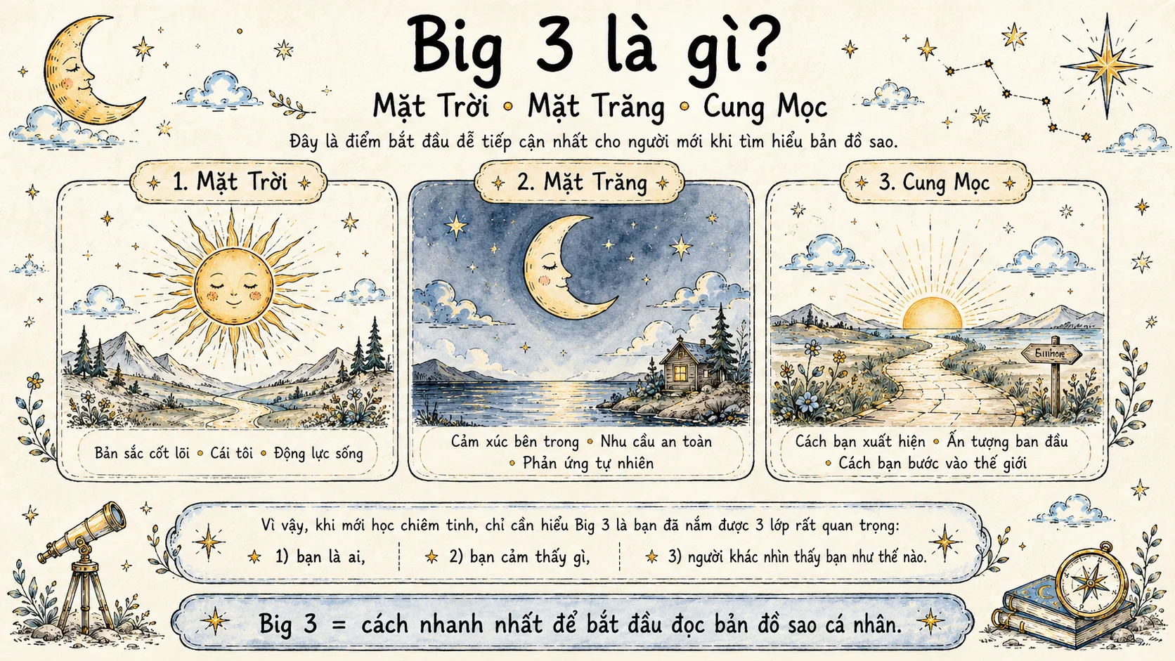 Sơ đồ Big 3 trong chiêm tinh gồm Cung Mặt Trời, Cung Mặt Trăng và Cung Mọc.