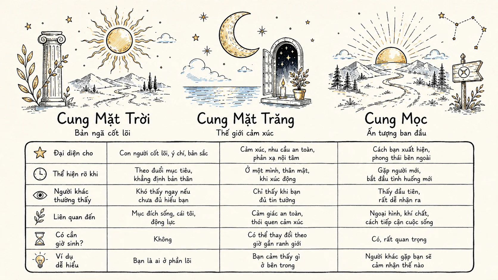 Bảng so sánh chi tiết giữa Cung Mặt Trời Cung Mặt Trăng và Cung Mọc