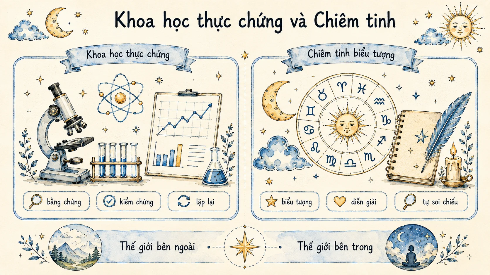 Bảng so sánh ranh giới giữa khoa học thực chứng và hệ thống biểu tượng chiêm tinh