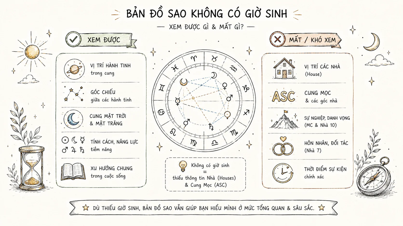 Bảng so sánh chi tiết các yếu tố xem được và bị ẩn khi xem bản đồ sao không có giờ sinh