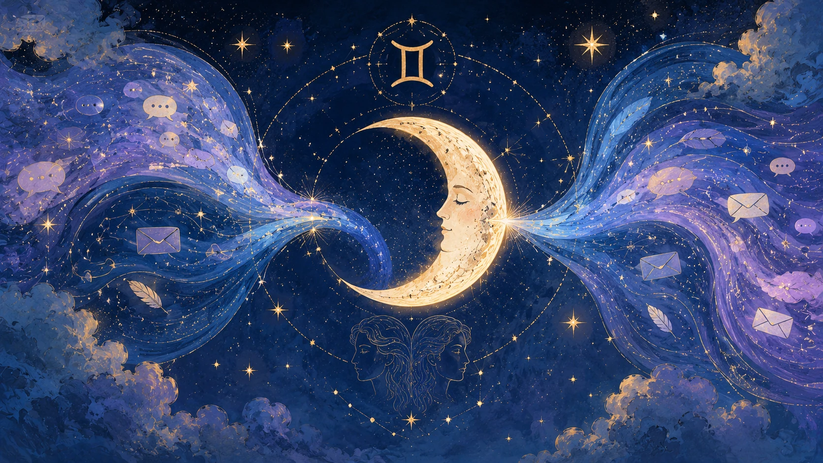 Trăng lưỡi liềm giữa hai luồng thông tin xanh tím minh họa cách Cung Mặt Trăng Song Tử xử lý cảm xúc qua ngôn ngữ