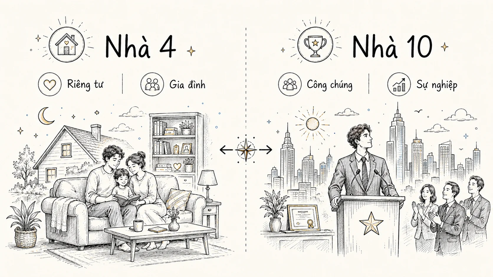 Bảng so sánh trực quan giữa đời sống riêng tư Nhà 4 và hình ảnh công chúng Nhà 10