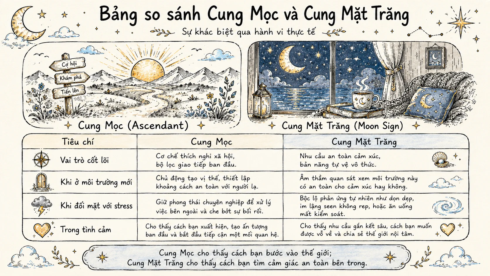 So sánh vai trò của Cung Mọc Cung Mặt Trời và Cung Mặt Trăng trong đời sống