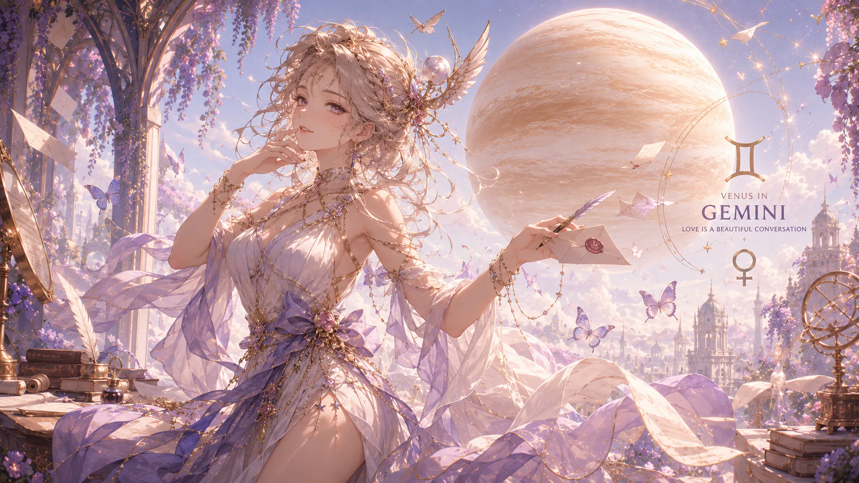Biểu tượng Sao Kim minh họa Venus Song Tử tìm thấy sức hút qua trò chuyện, ý tưởng và sự tò mò trong tình yêu